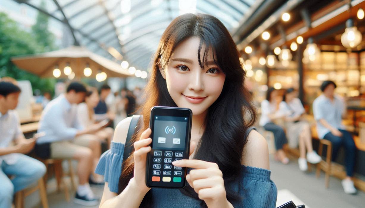 Digital payments in a bustling Korean commercial environment with a modern feel.