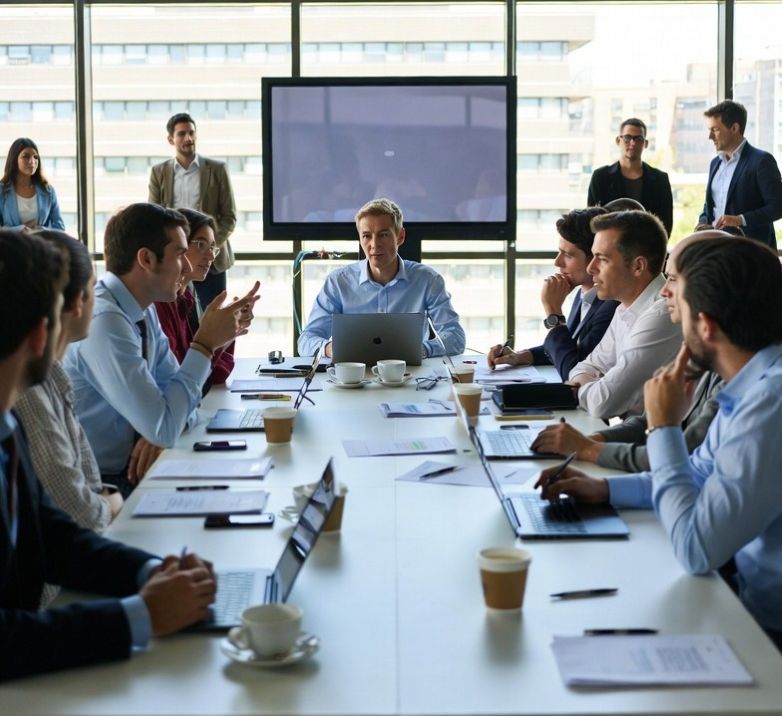 collaborative workshop in a modern Madrid conference venue.