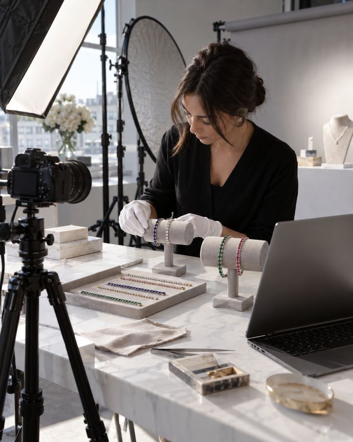 preparing gemstone tennis bracelets for product photography